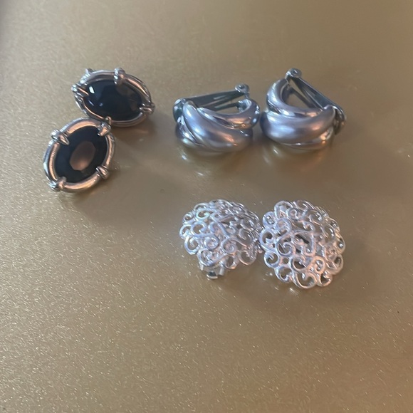Vintage Silver Tone Clip On Earrings, Set of Three Pairs - Picture 2 of 6